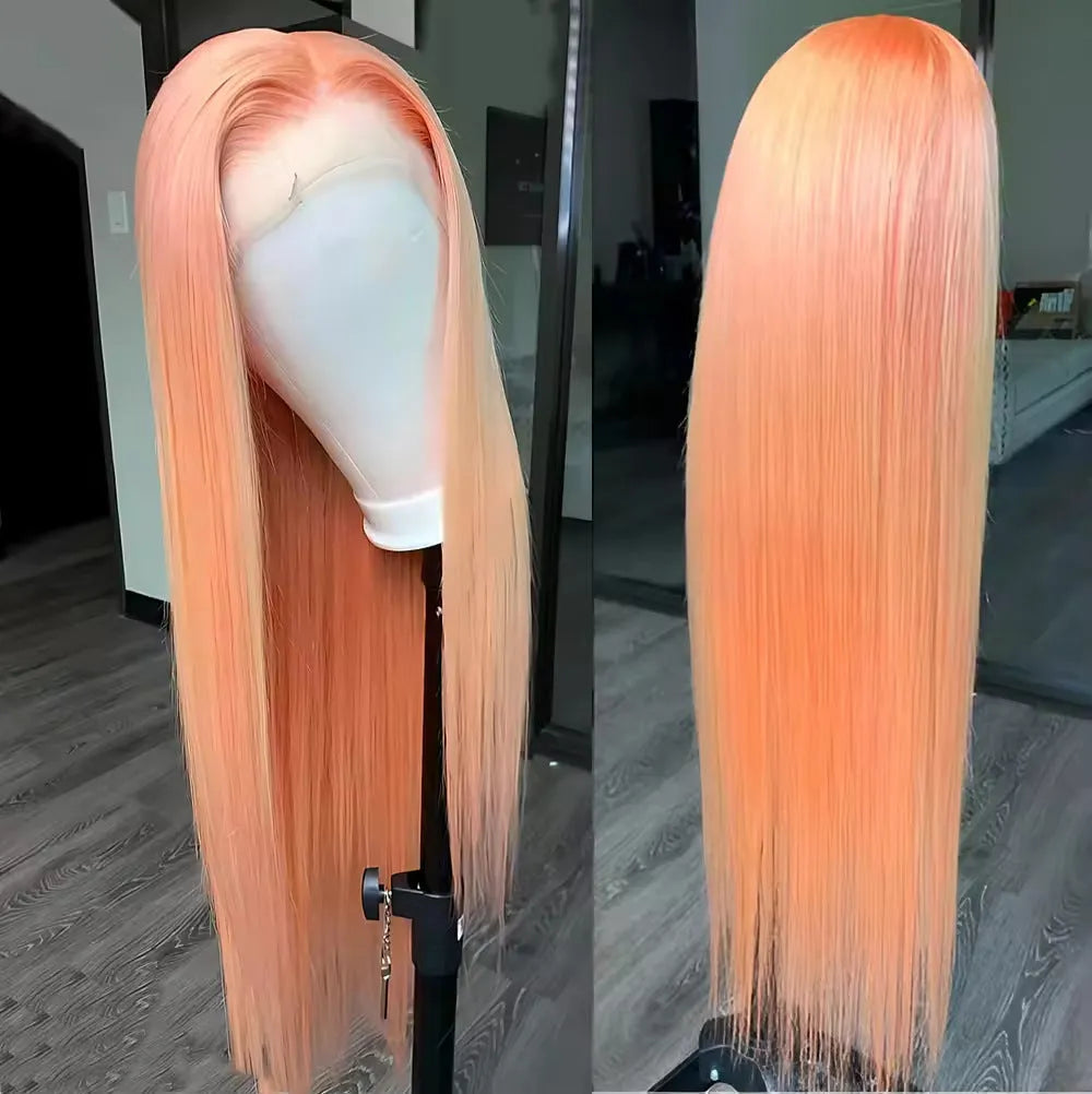 Light orange long straight front lace wig on a mannequin head, showing side bangs.