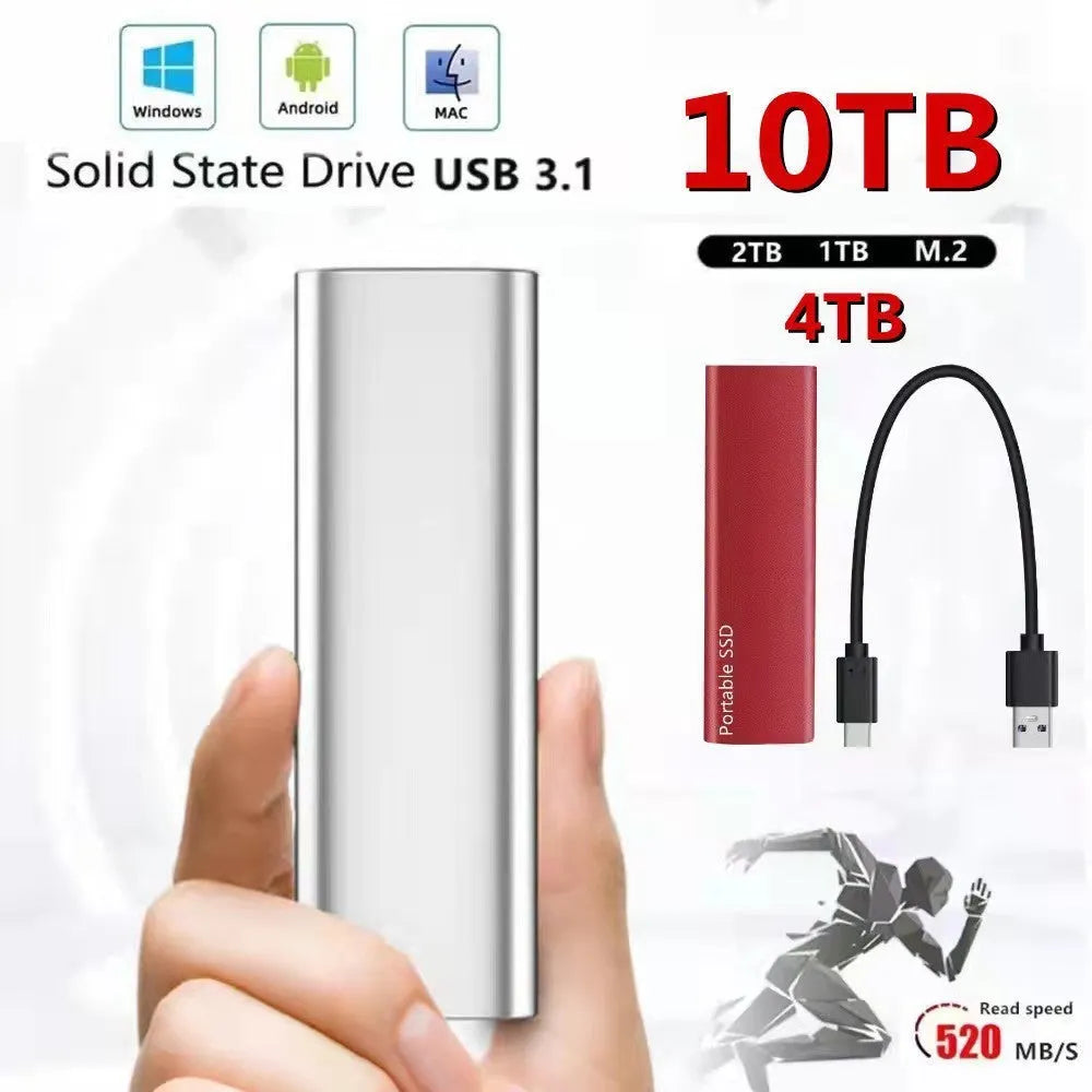 Ultra-thin metal mobile SSD external hard drive showing red colour option with capacity size display