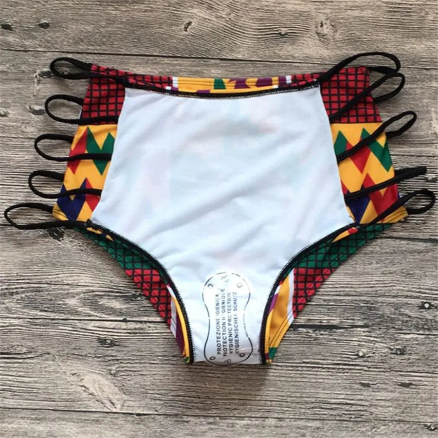 Women's high-waist bikini with digital printing and backless design for swimming