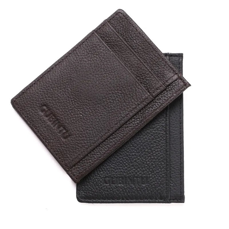 Men's genuine leather slim card holder in solid dark brown colour on plain background