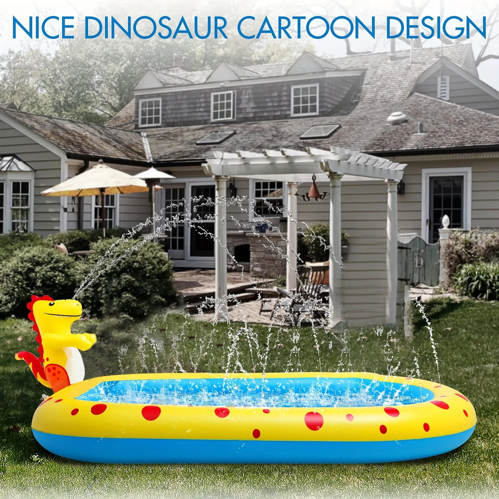 Blue inflatable dinosaur and shark themed children's play pool in a garden setting.