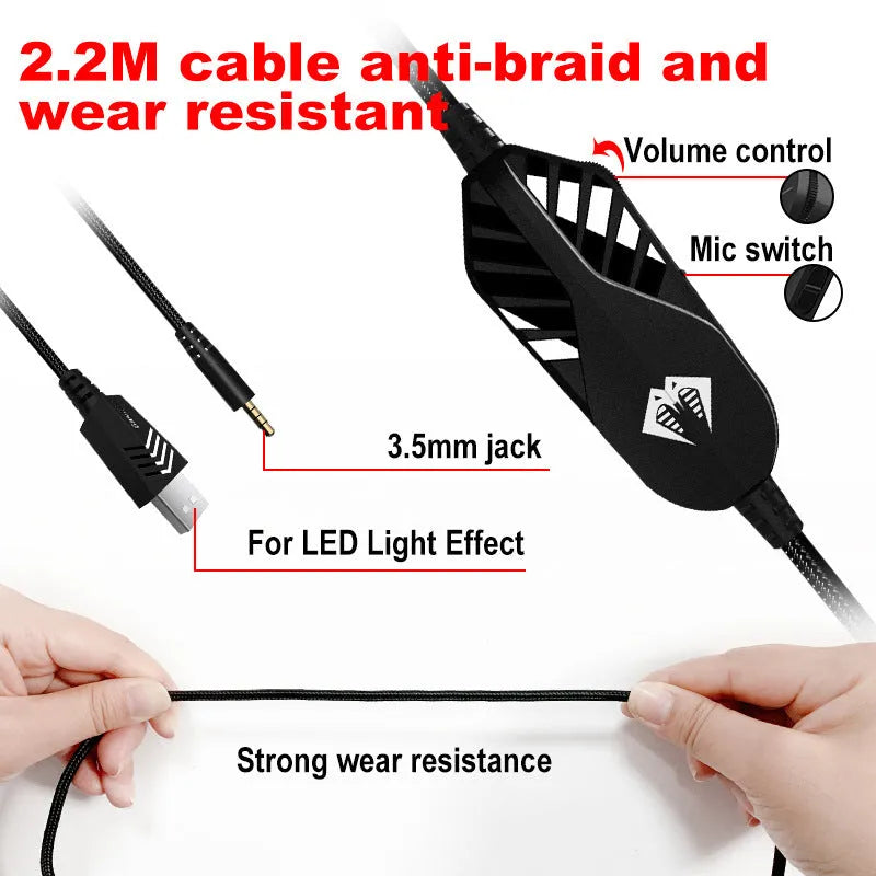 Wired gaming headset with microphone and breathing LED lights in blue colour