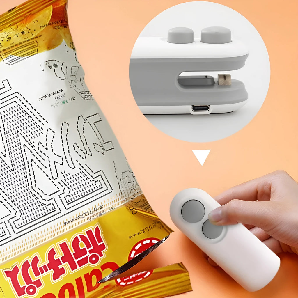 White and blue handheld USB rechargeable heat sealer for sealing food bags with magnetic back.