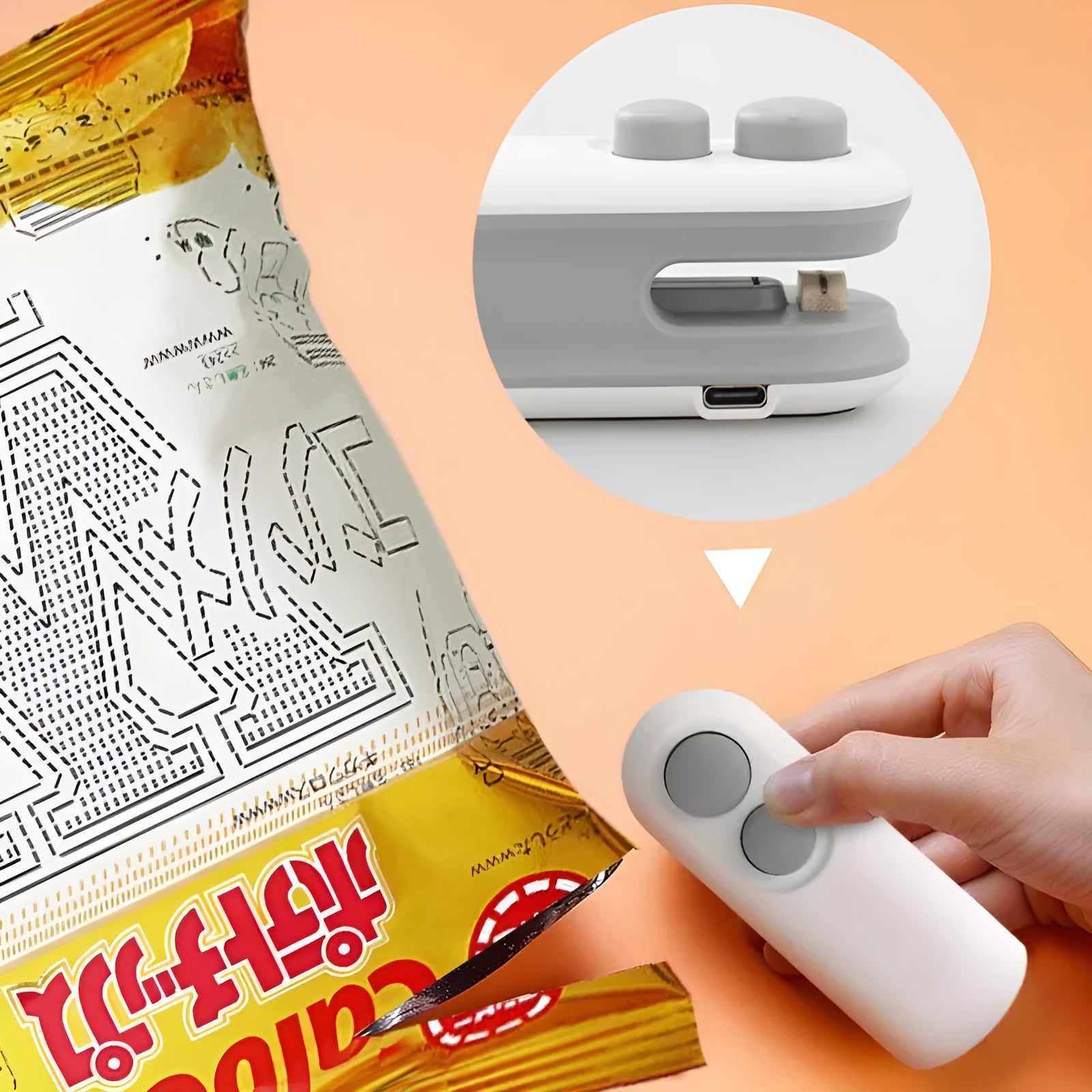 White and blue handheld USB rechargeable heat sealer for sealing food bags with magnetic back.