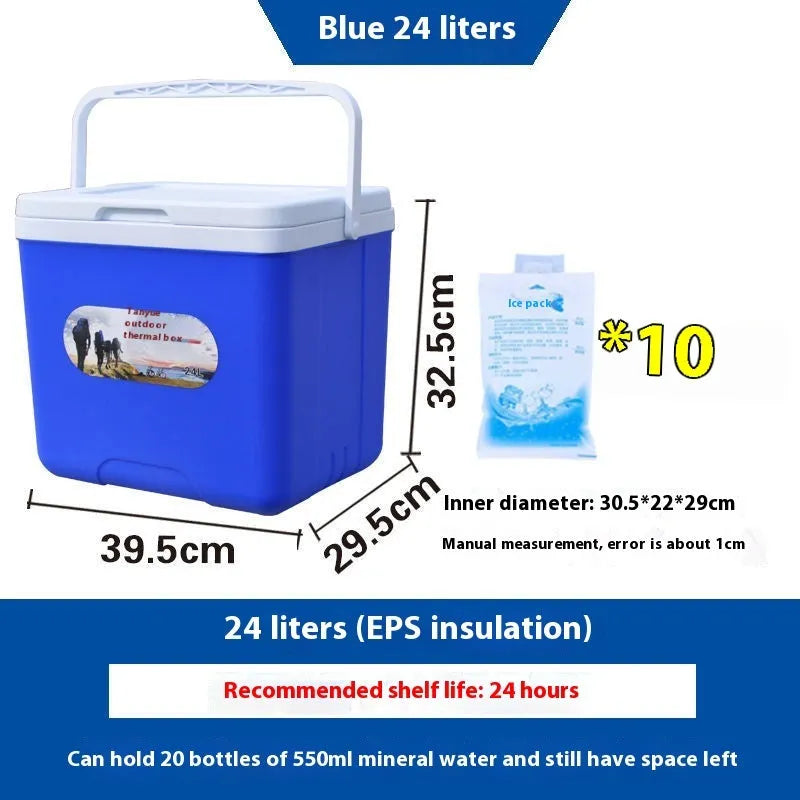 Blue portable insulated cooler box with aluminium foil interior, shown with lid open.