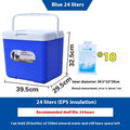 Blue portable insulated cooler box with aluminium foil interior, shown with lid open.
