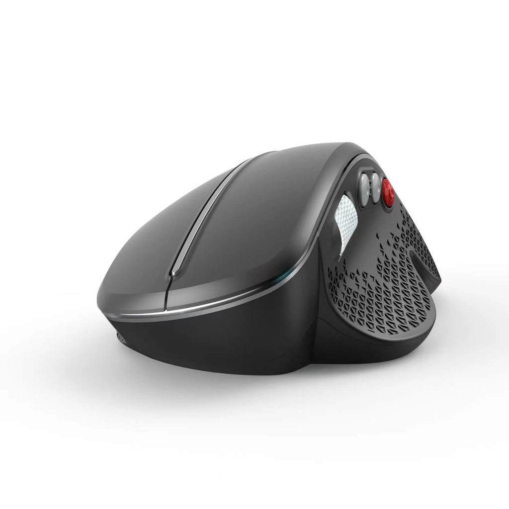 T32 wireless vertical ergonomic mouse in black matte finish showing aluminium side roller and vertical design