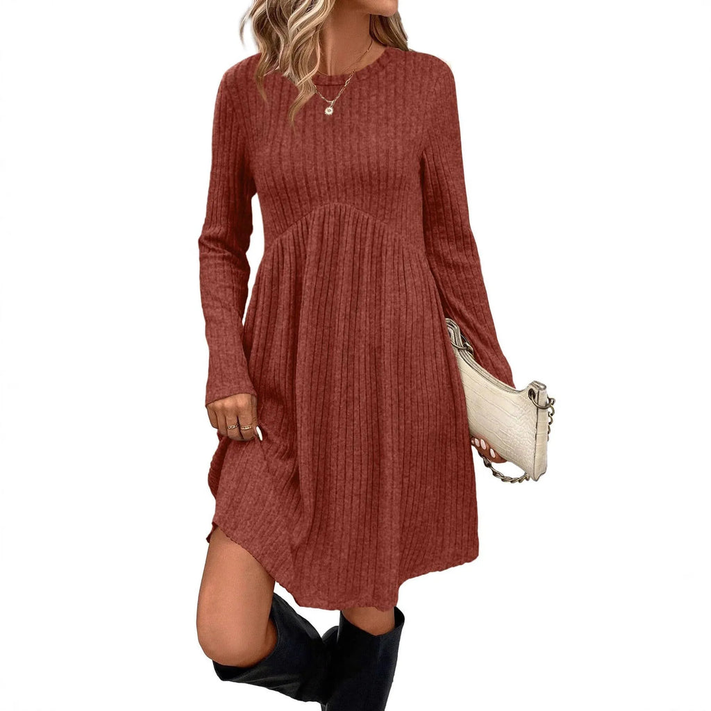 Women's bohemian brushed sunken stripe midi dress in apricot, wide waist, solid colour stitching detail, front view