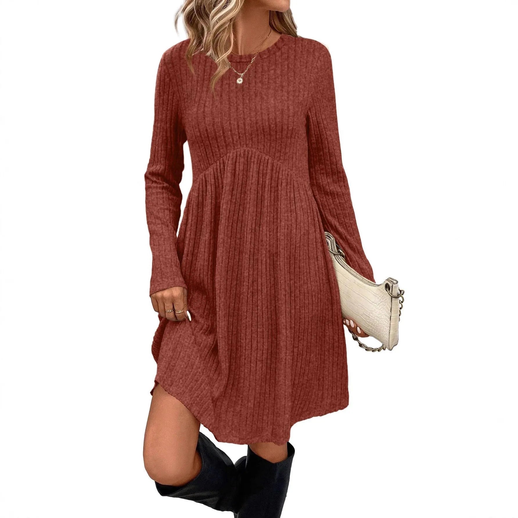 Women's bohemian brushed sunken stripe midi dress in apricot, wide waist, solid colour stitching detail, front view