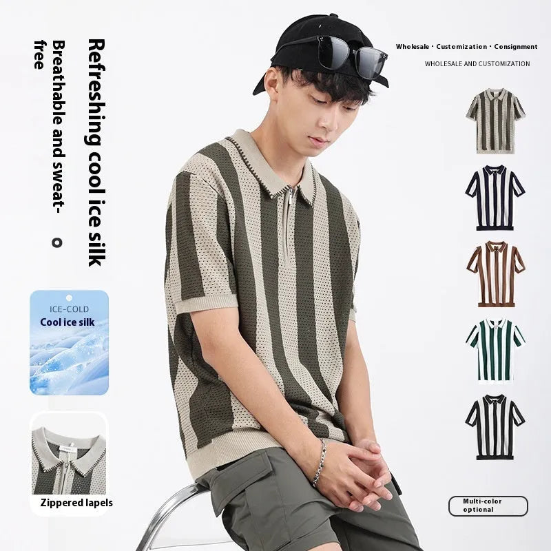 Men's black and white striped short sleeve summer sweater with zipper decoration detail