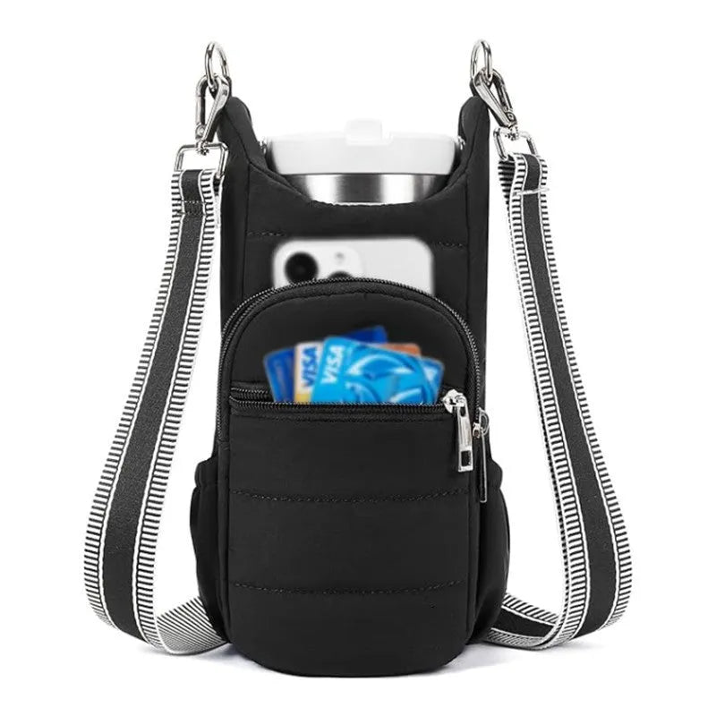 Cloth bicycle water bottle bag in black, pink and beige colours for kettle or bottle storage