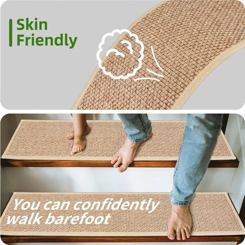 Japanese-style solid-colour linen-look stair mat with rubber backing lying flat on a wooden step.