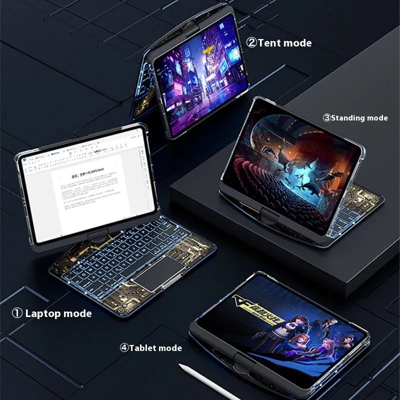 360 swivel keyboard clear case for iPad with transparent backplate and telescopic pen slot