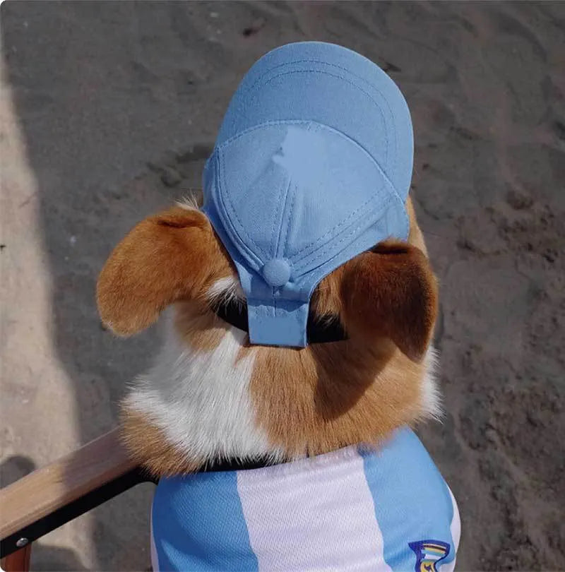 Adjustable sun-proof cotton pet baseball cap with exposed ears in apricot on dog