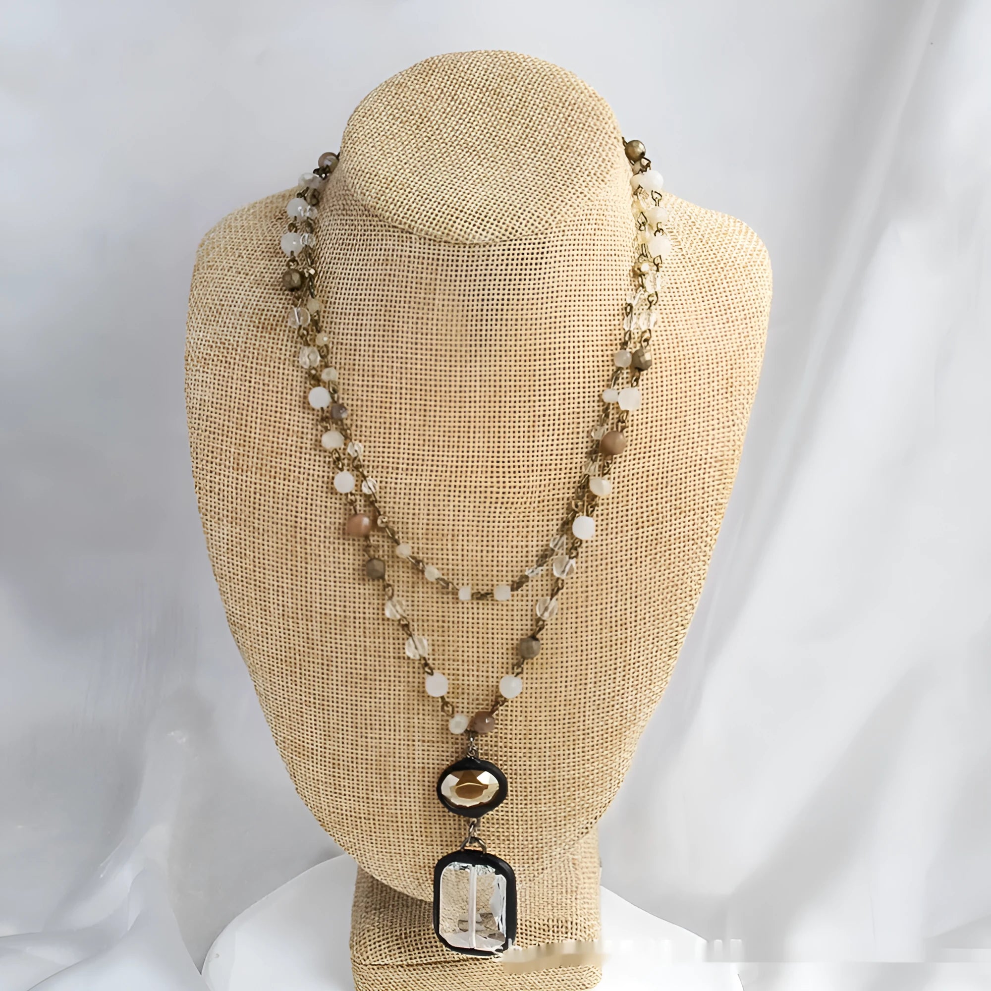 Two-layer tribal style necklace with natural stone and glass pendants on alloy chain