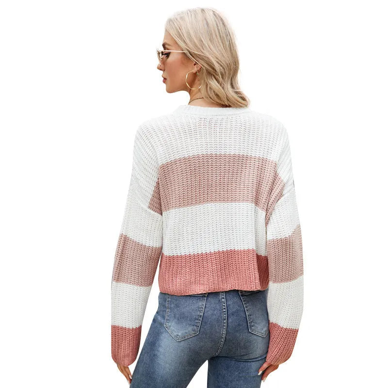 Women's short striped pullover sweater with loose fit in acrylic fabric
