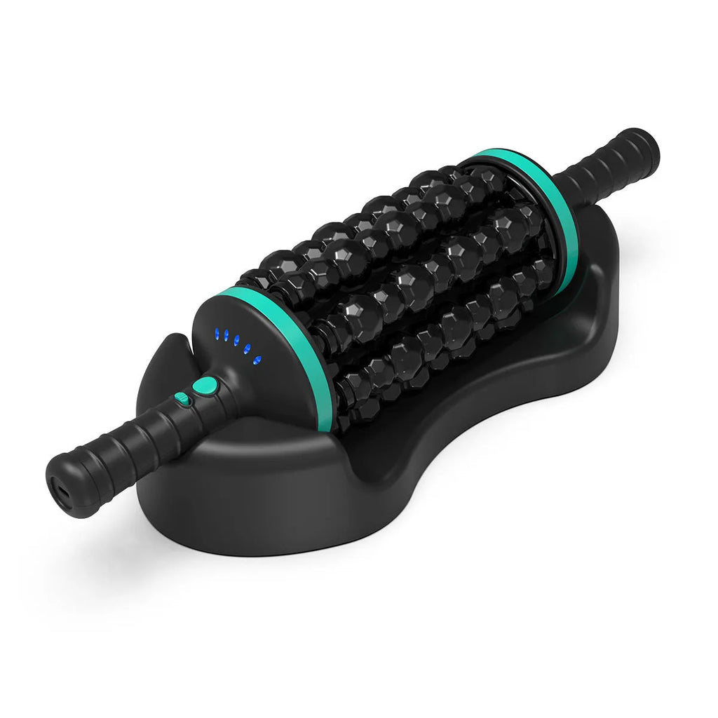 Muscle relaxation handheld electric massager with rollers for back, foot, and leg in blue, gray, and green