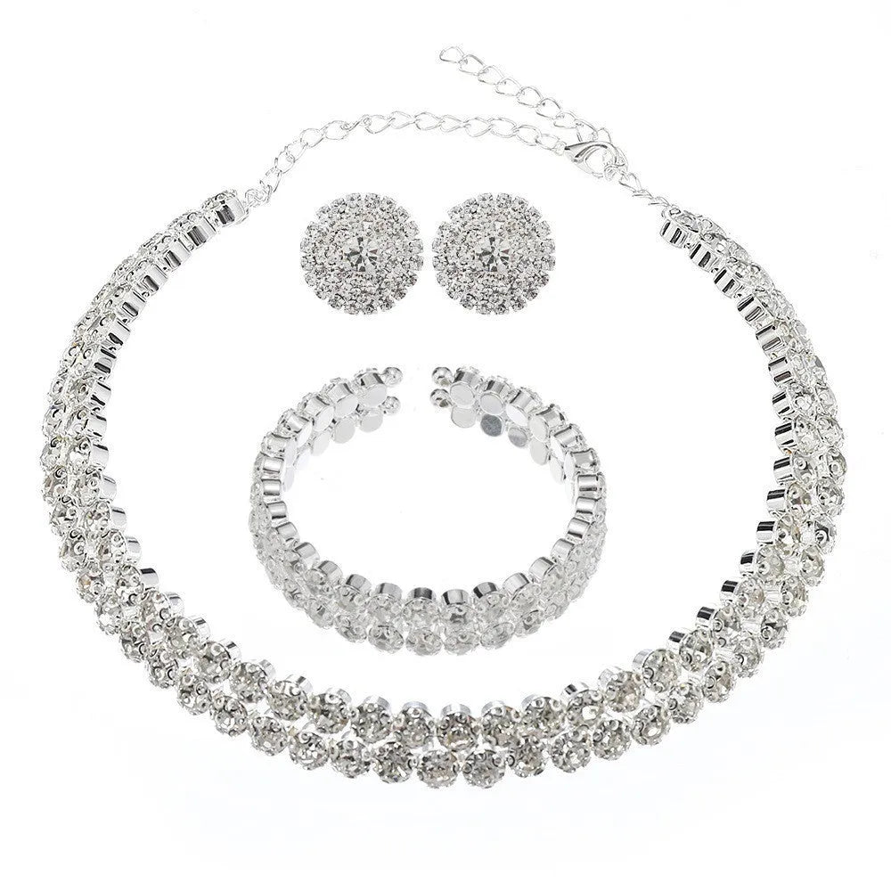 Women's rhinestone double-layer necklace and bracelet with stud earrings in gold set
