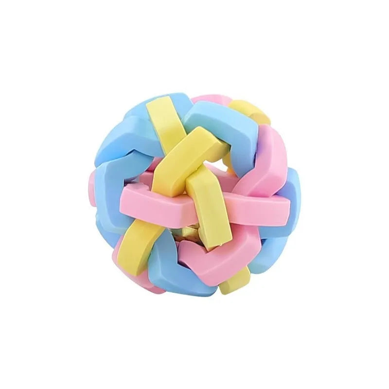 Colourful woven plastic pet toy ball with bell in rainbow colour, 6.5cm size