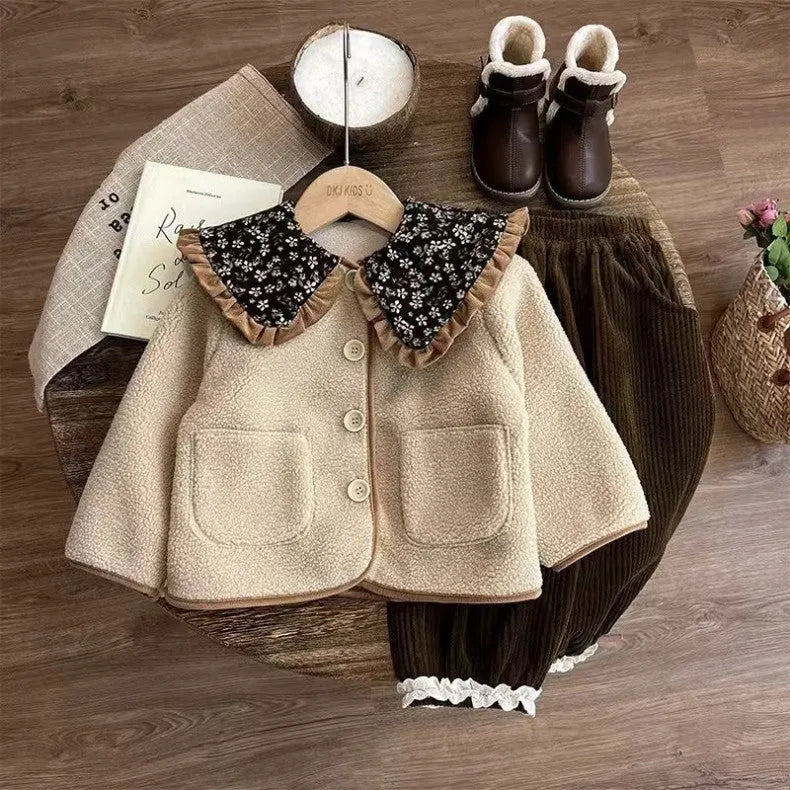 Mori style khaki fleece-lined coat for baby girls, long sleeve casual winter outerwear