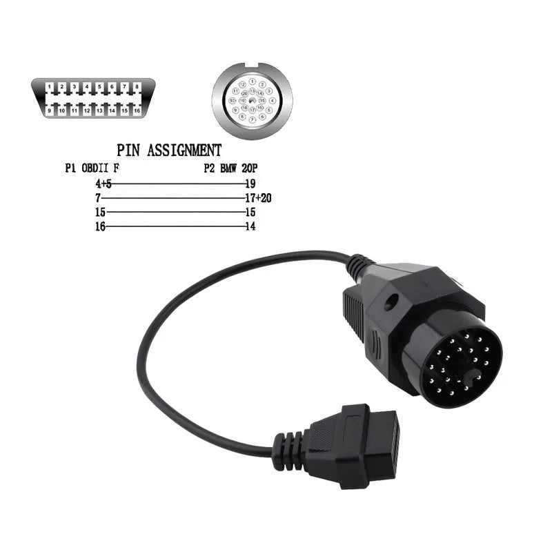 BMW 20-pin male to OBD2 16-pin female diagnostic adapter cable on a workshop bench