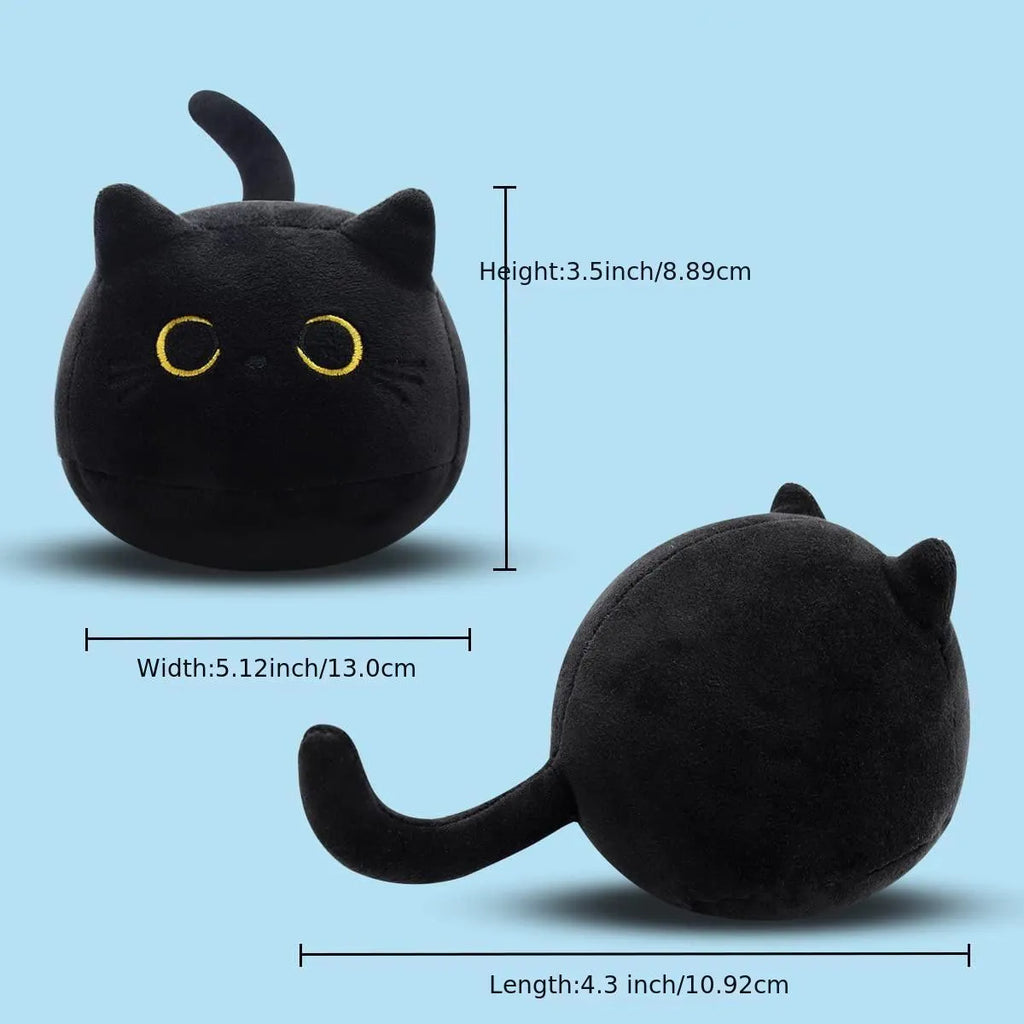 Black cat plush toy with fluffy fur and cushion design for napping