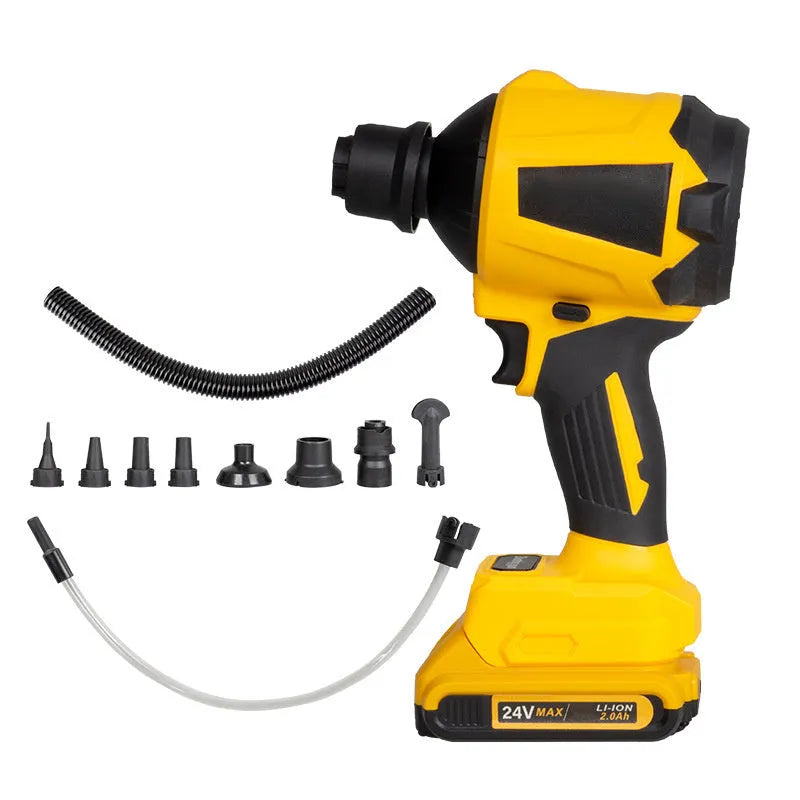 Yellow cordless dust gun with 680W power rating and adjustable air volume control for workshop and office cleaning.