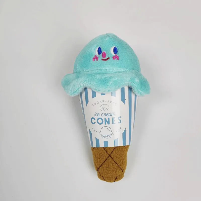 Fleece squeaky ice cream toy for dogs and cats in lake blue on a light background