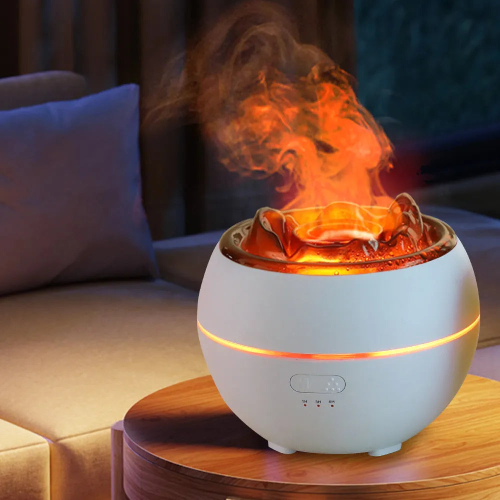 Flame aroma diffuser with timer, 300ml water tank, black crack style, on a wooden desk, with visible USB cable