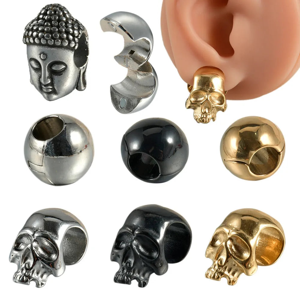 Stainless steel hollow skull Buddha geometric earrings with hip hop style