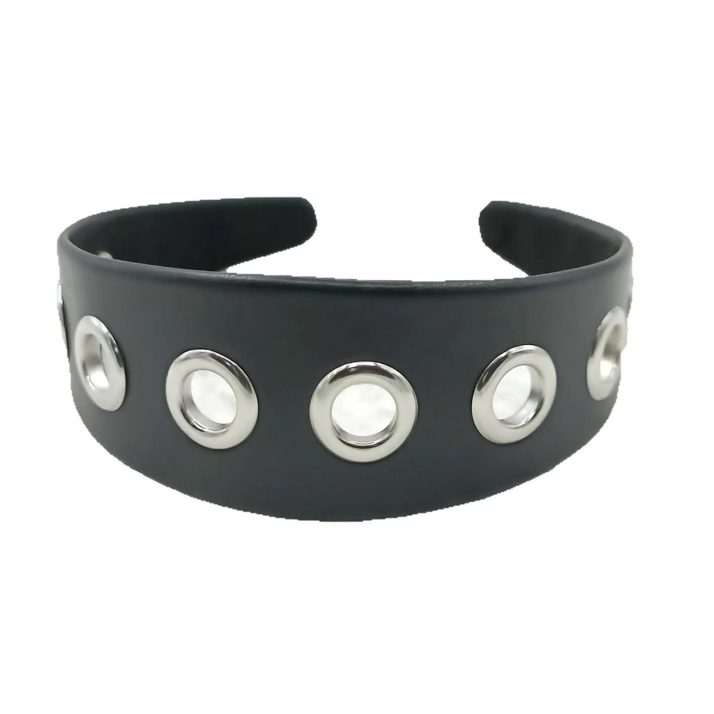 Black wide handmade artificial leather headband with round and square rivets
