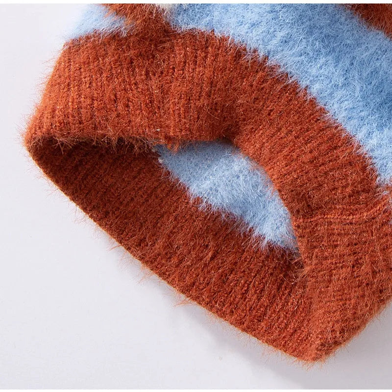 Polo collar pet cardigan for small dogs, soft striped knitted fabric, two-legged design, blue and brown stripes