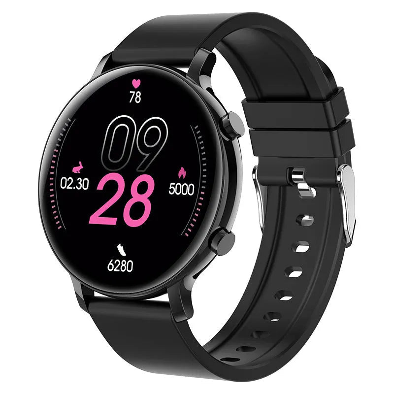 Silver stainless steel smartwatch with black screen showing heart rate data on a genuine leather strap.