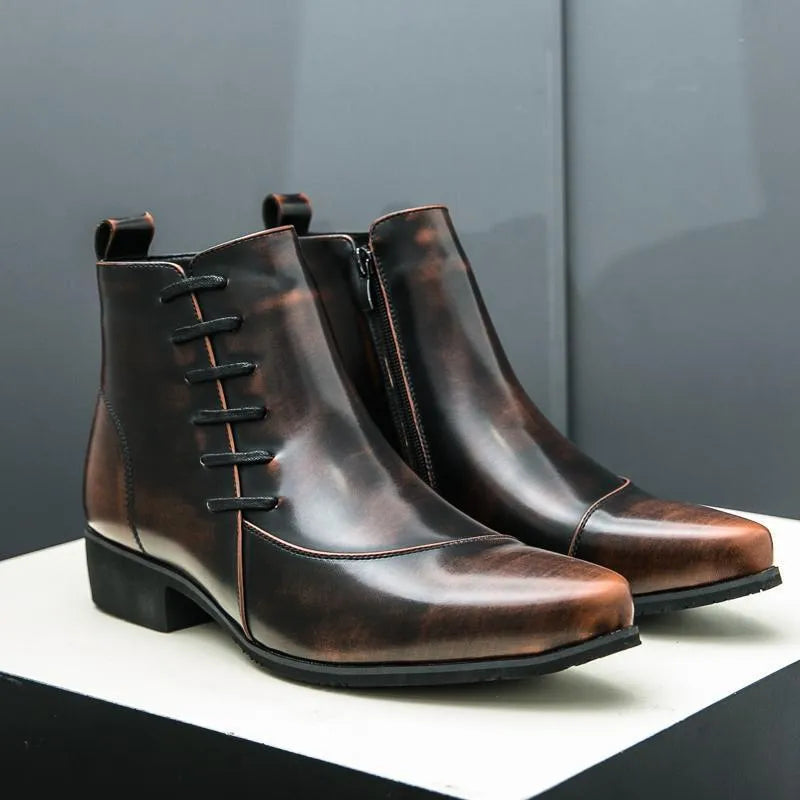 Men's high-top side zipper cow split leather boots in black and yellow colour-matching design, pointed toe, mid-calf shaft