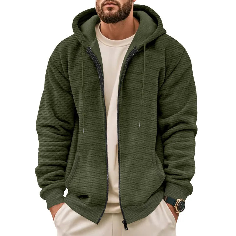 Men's fleece lined zippered hooded sweatshirt cardigan in military green on a model, front view, long sleeves, zip front