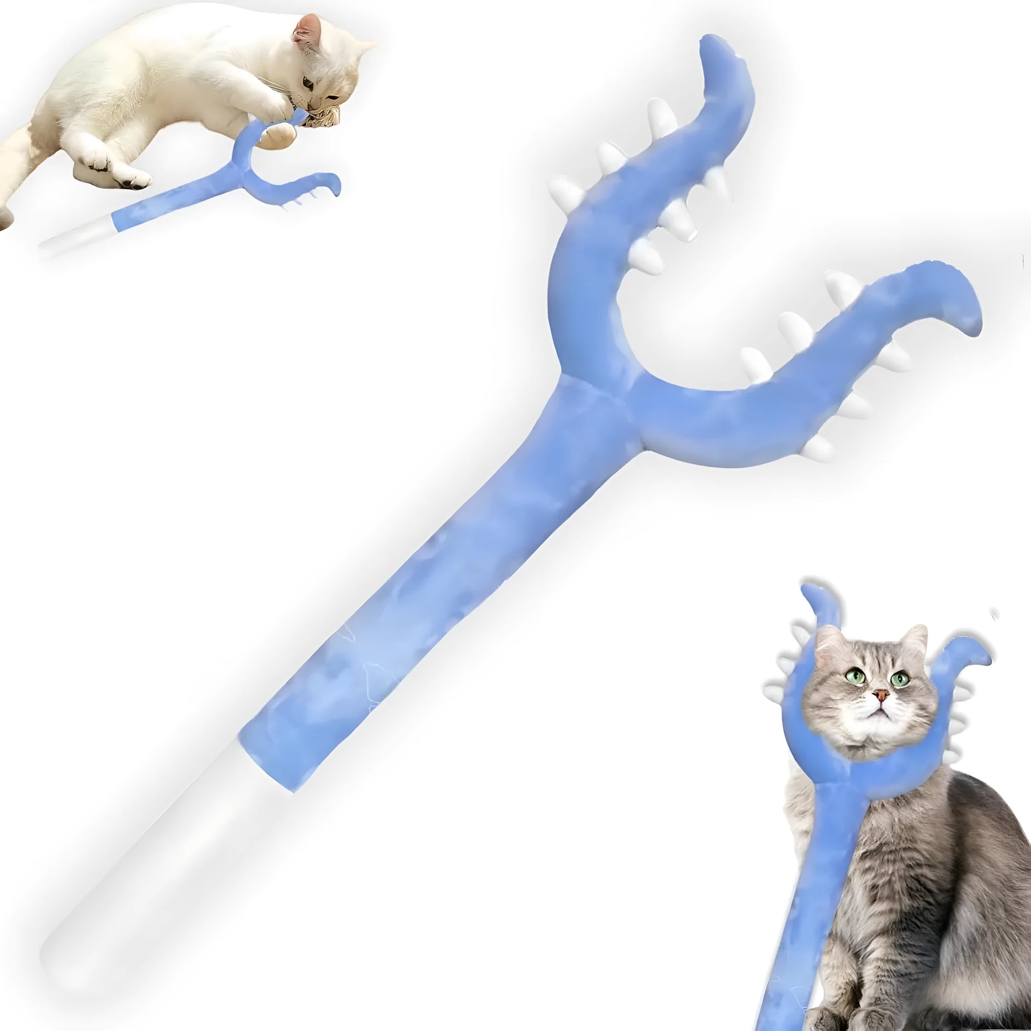 70cm blue plush cat wand toy with foam-filled head for indoor cats