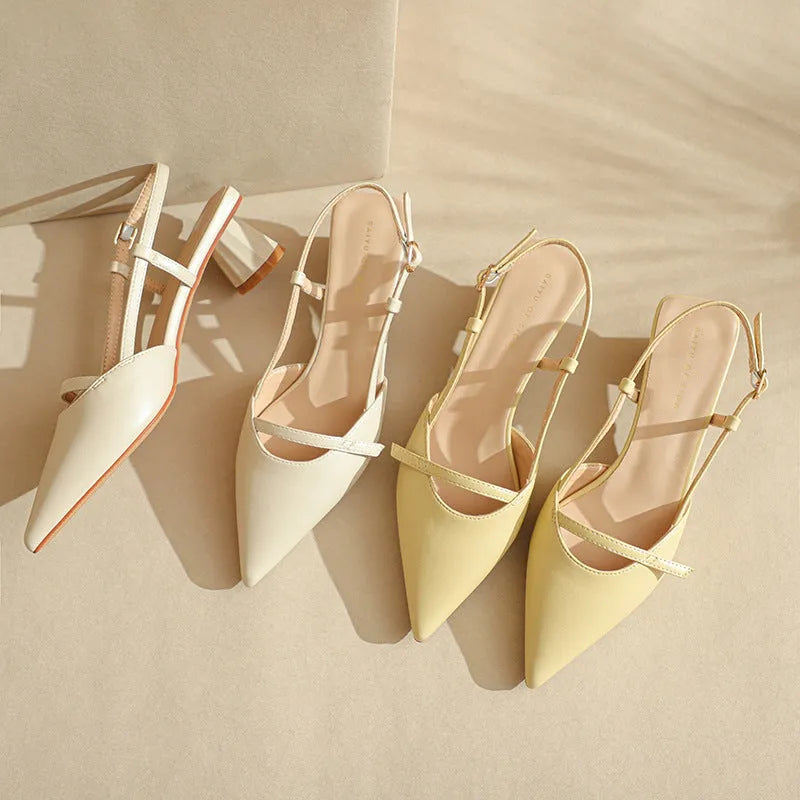 Women's chunky heel pointed sandals in beige with stitching detail and rubber sole