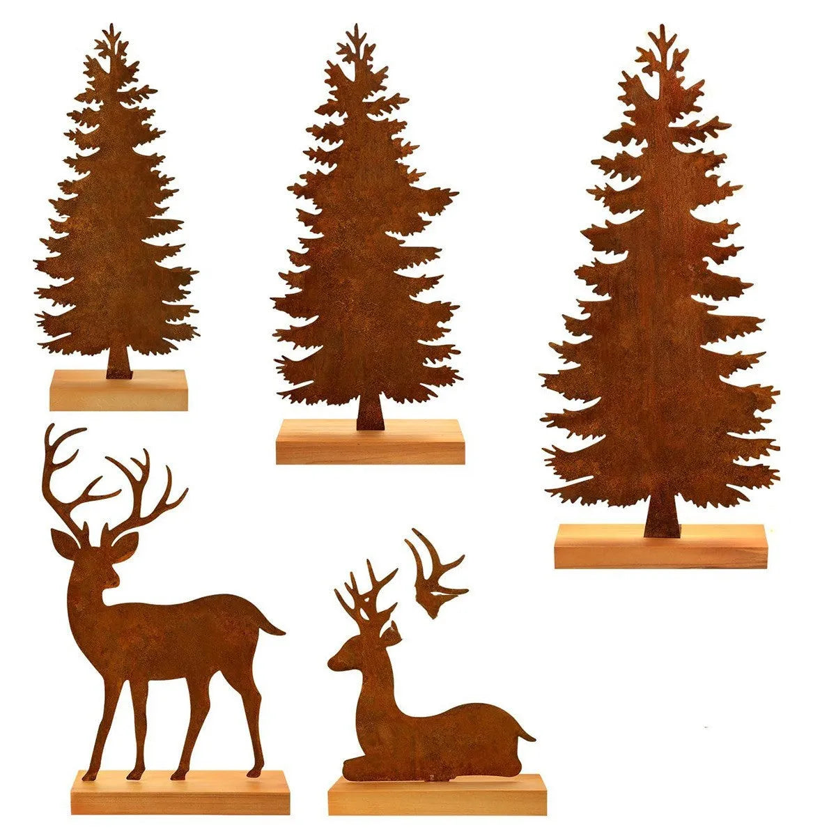 Set of three rusty iron elk and Christmas tree metal ornaments on a wooden surface.