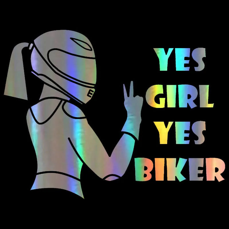 Cool girl rider character car sticker in waterproof pet material, size 16cm by 15cm