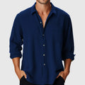 Men's loose fit polyester shirt with stand collar and long sleeves in multiple colours