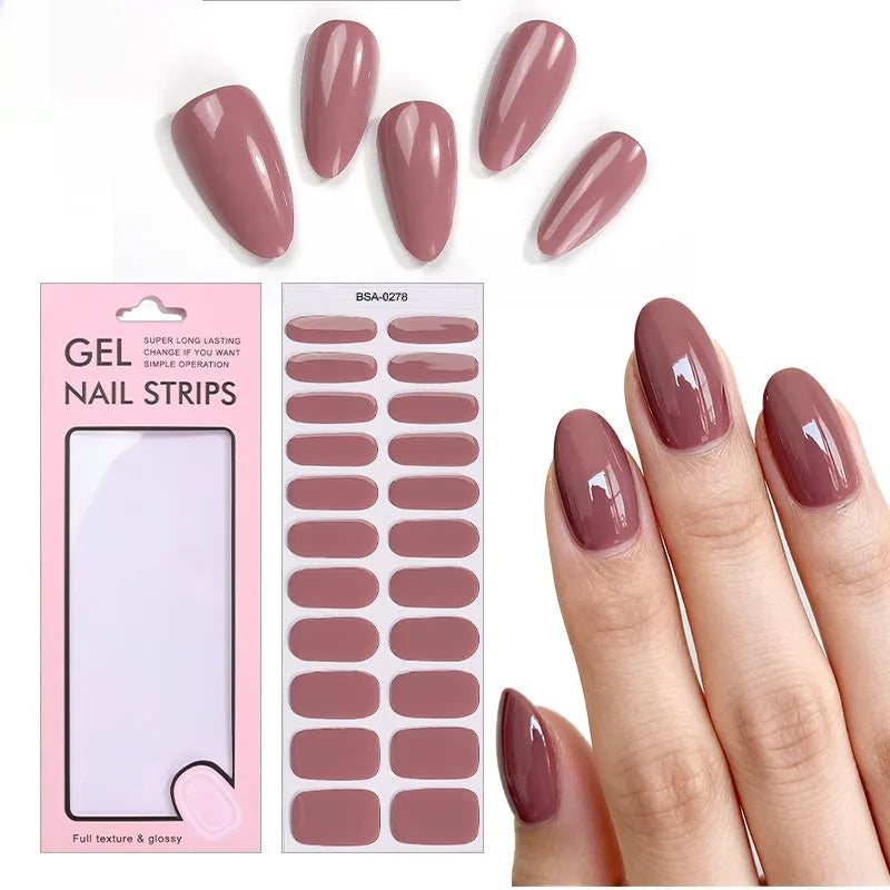 No-bake gel nail sticker set with alcohol swabs, nail file, and wooden stick on cardboard backing, showing various patterns