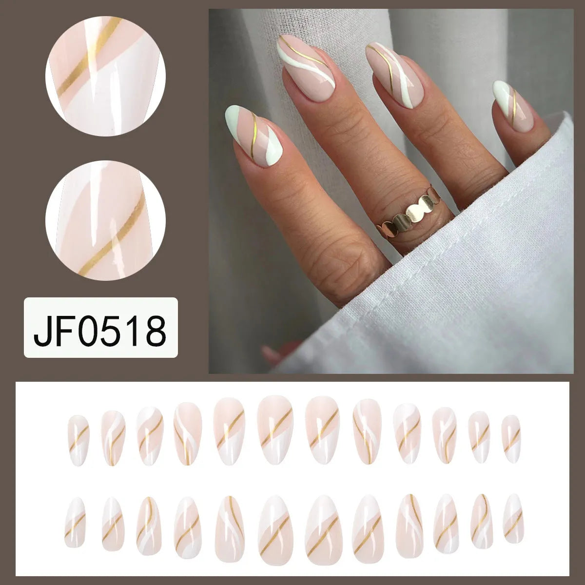 Golden Lines plaid pattern nail stickers in JF0518 jelly glue colour, medium drop shape.