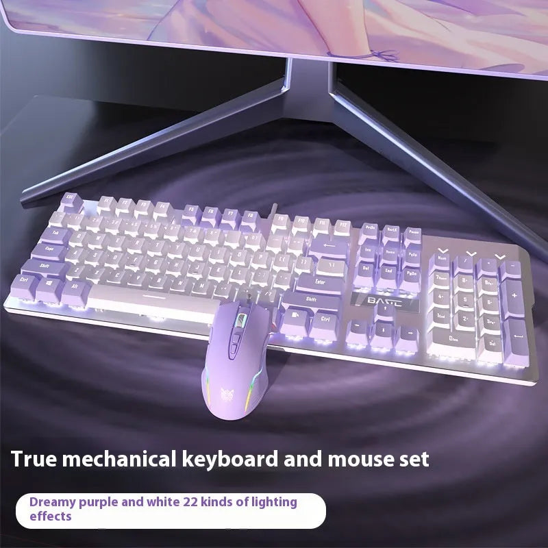 Purple and white mechanical keyboard, gaming mouse, and headset combo set with backlight on desk
