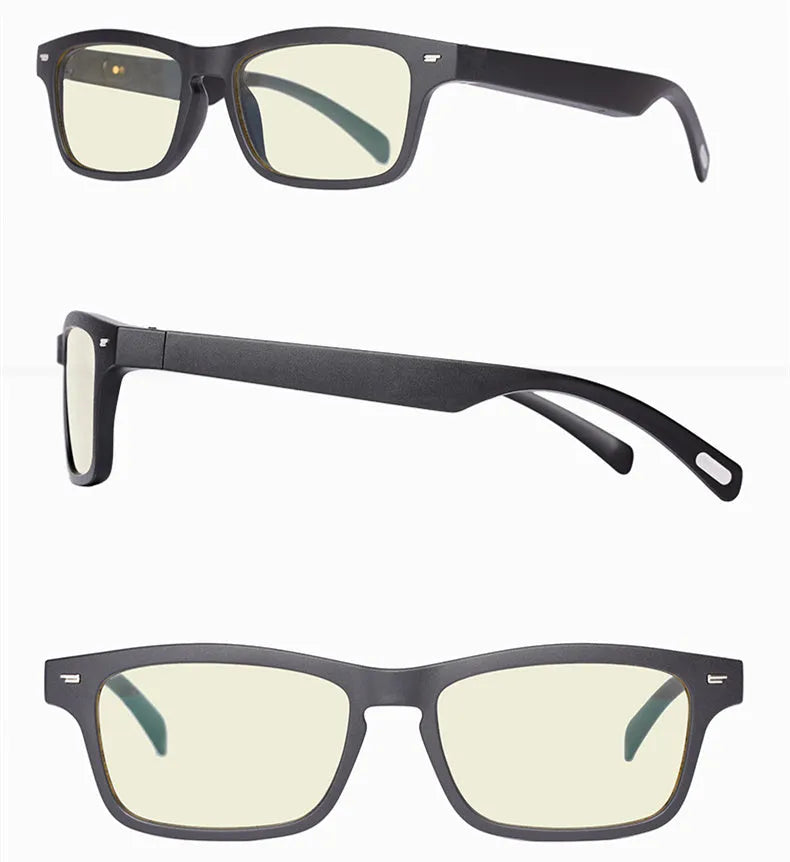 Smart glasses with tinted lenses featuring semi-open ear speakers and a Bluetooth microphone on the frame.