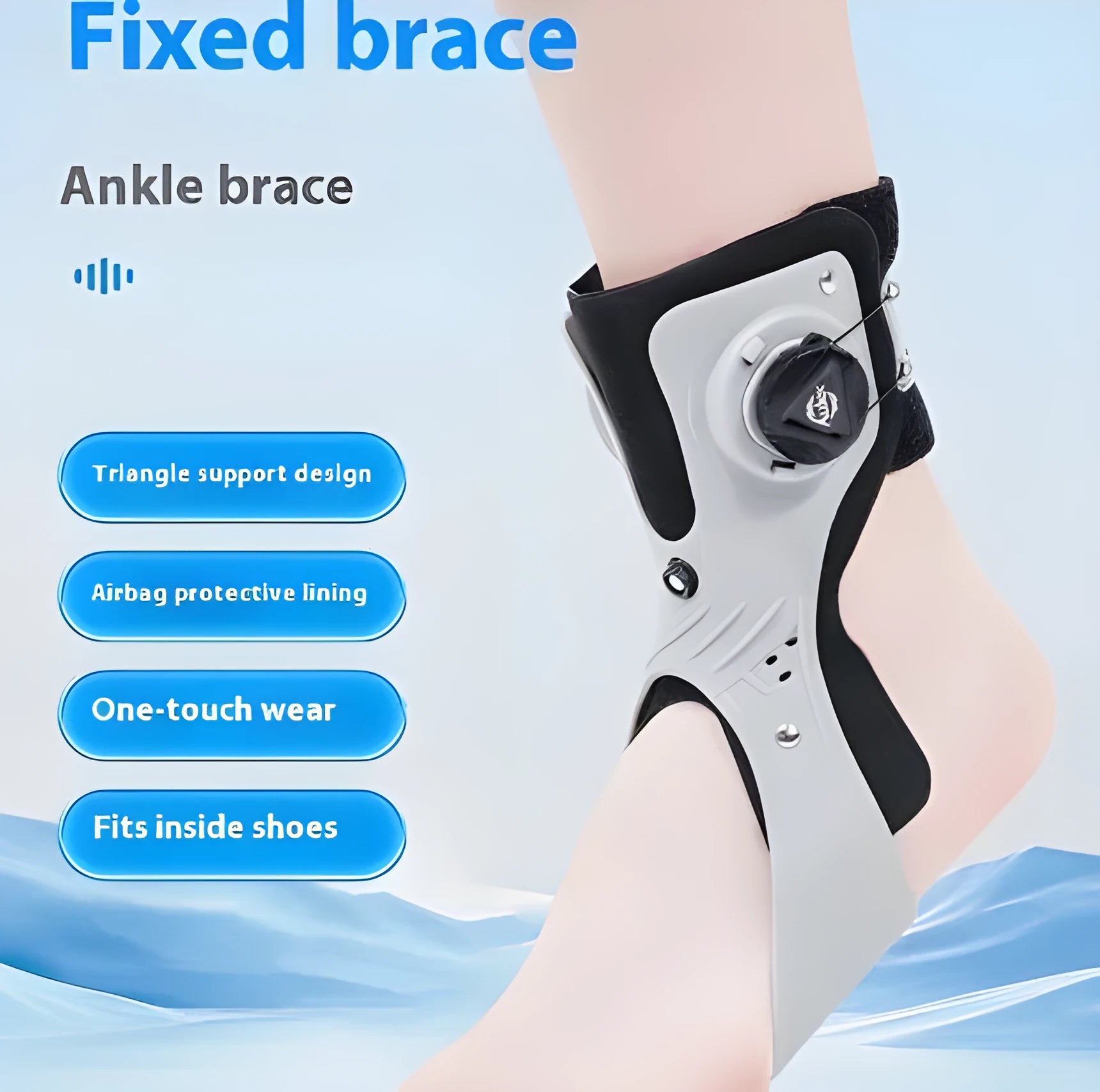 Grey ankle support brace showing airbag button system and hook-and-loop fastening for adjustable compression