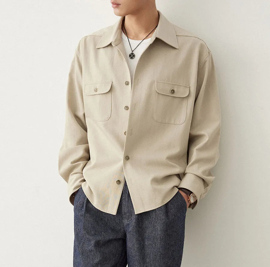 Men's casual shirt with cotton fabric lapels in Light Sand Rice colour, showing long sleeves and simple profile.