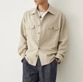 Men's casual shirt with cotton fabric lapels in Light Sand Rice colour, showing long sleeves and simple profile.