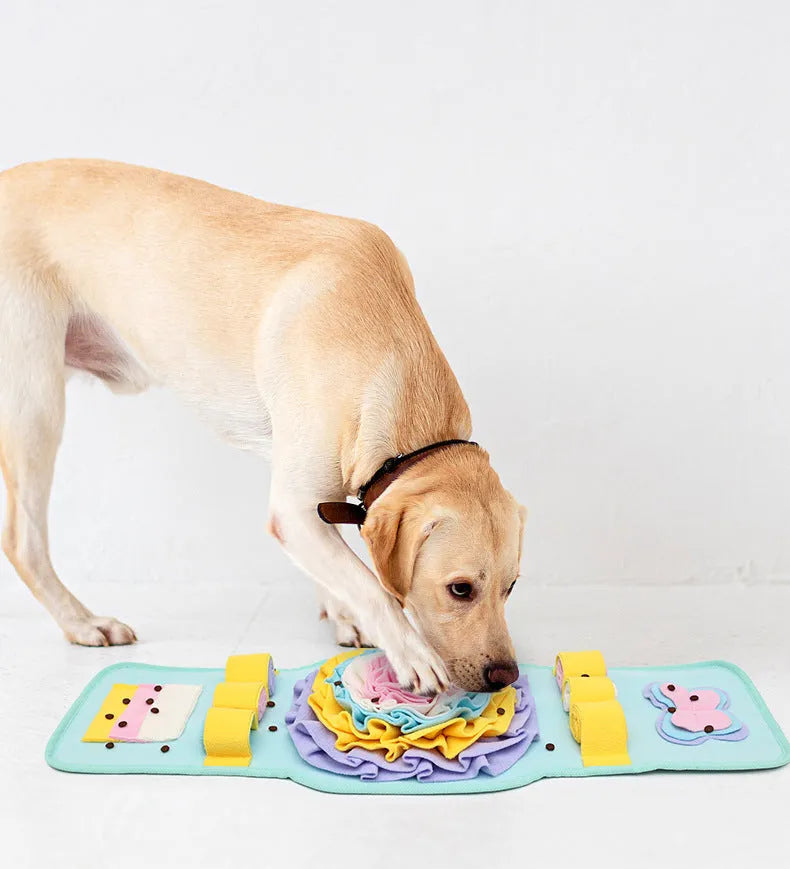 Blue pet sniff mat watch-style dog training pad with anti-slip rubber base and fleece strips for treat hiding