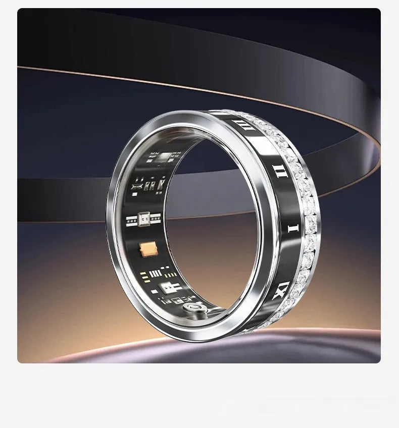 Silver and gold smart rings with blood oxygen monitoring feature on display with charging cable