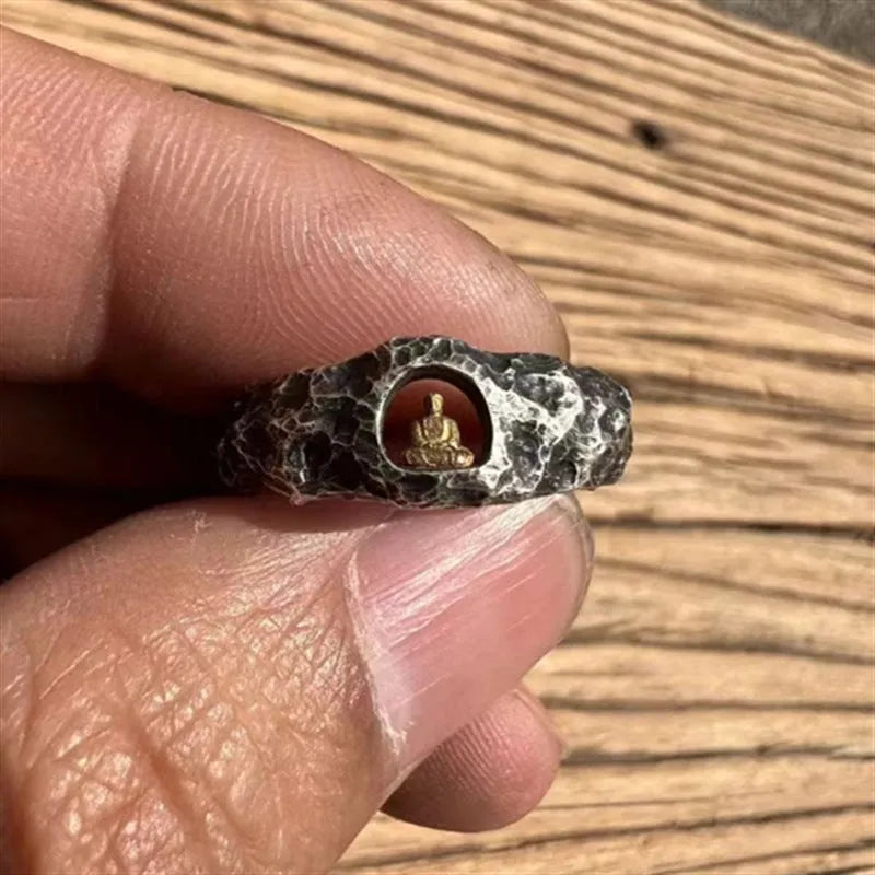 Hand-forged copper grotto Buddha ring with rock texture surfaces, size 8 measurement